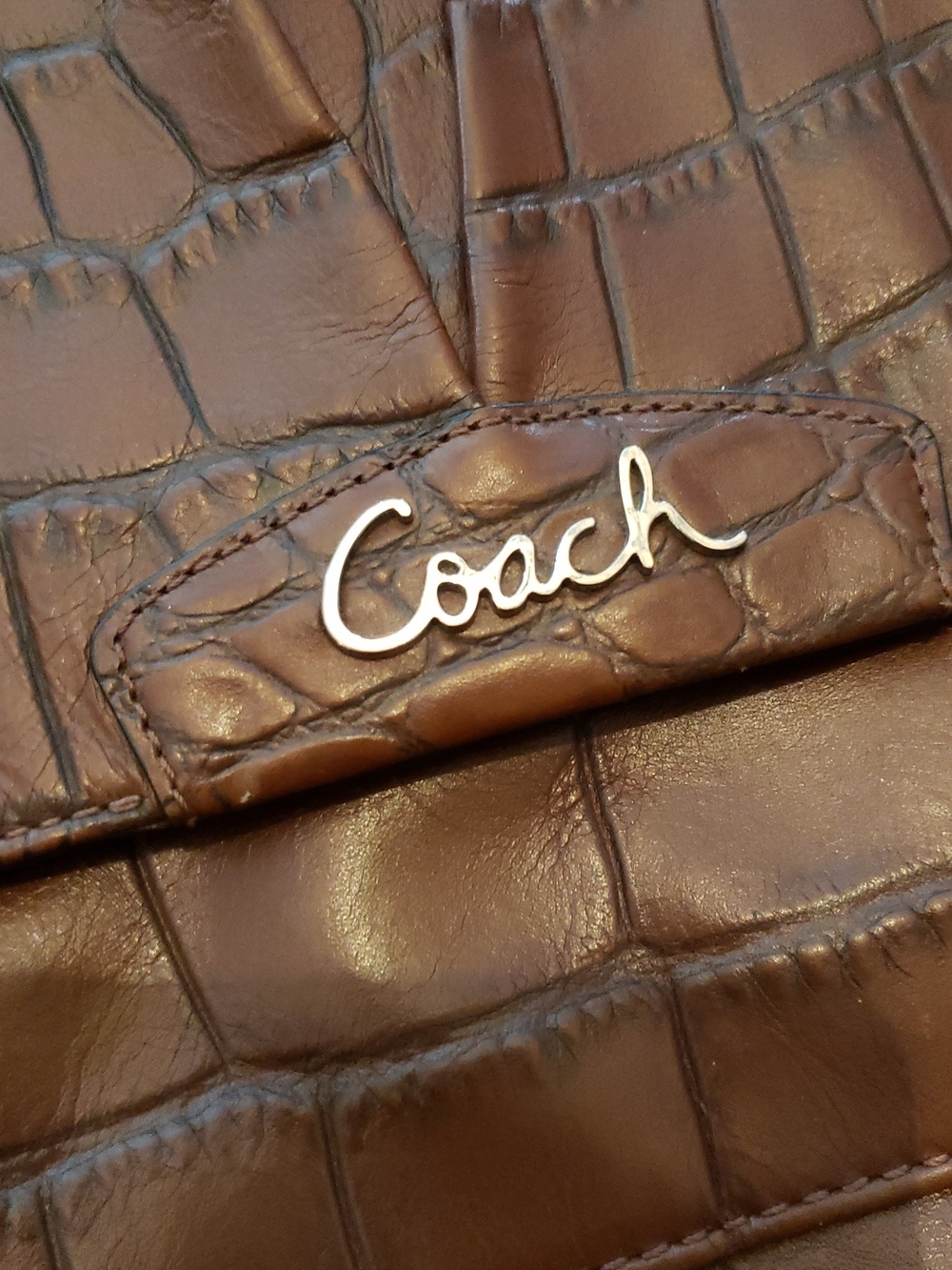 Vintage Coach Ashley Brown Croc Embossed Leather Flap Bag - Pristine Condition